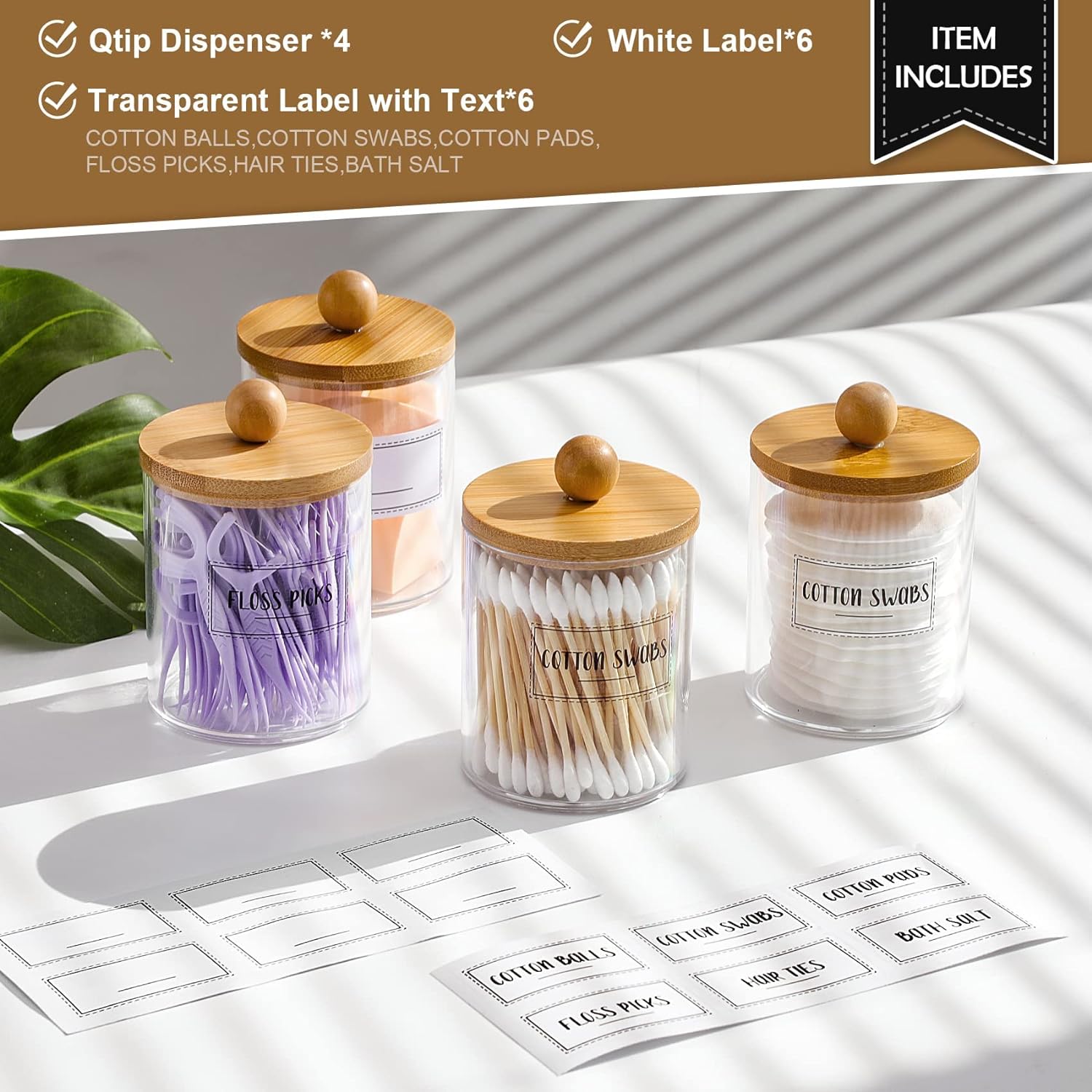 Holder Dispenser with Bamboo Lids, Clear Plastic Jar, Containers for Vanity, Storage Jars, Bathroom Accessories Set for Cotton Swab -10 oz (4 Pcs) Holder Dispenser with Bamboo Lids, Clear Plastic Jar, Containers for Vanity, Storage Jars, Bathroom Accessories Set for Cotton Swab -10 oz (4 Pcs)